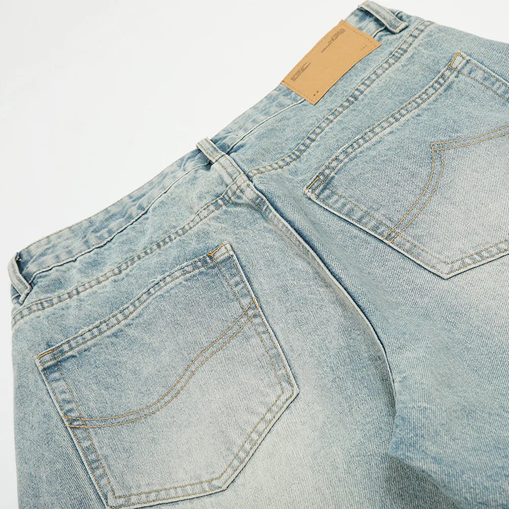 Curved Knife-cut Jeans For Men, Basic And Versatile Loose Wide-leg Trousers, Street Trend Punk Distressed Washed Dad Pants