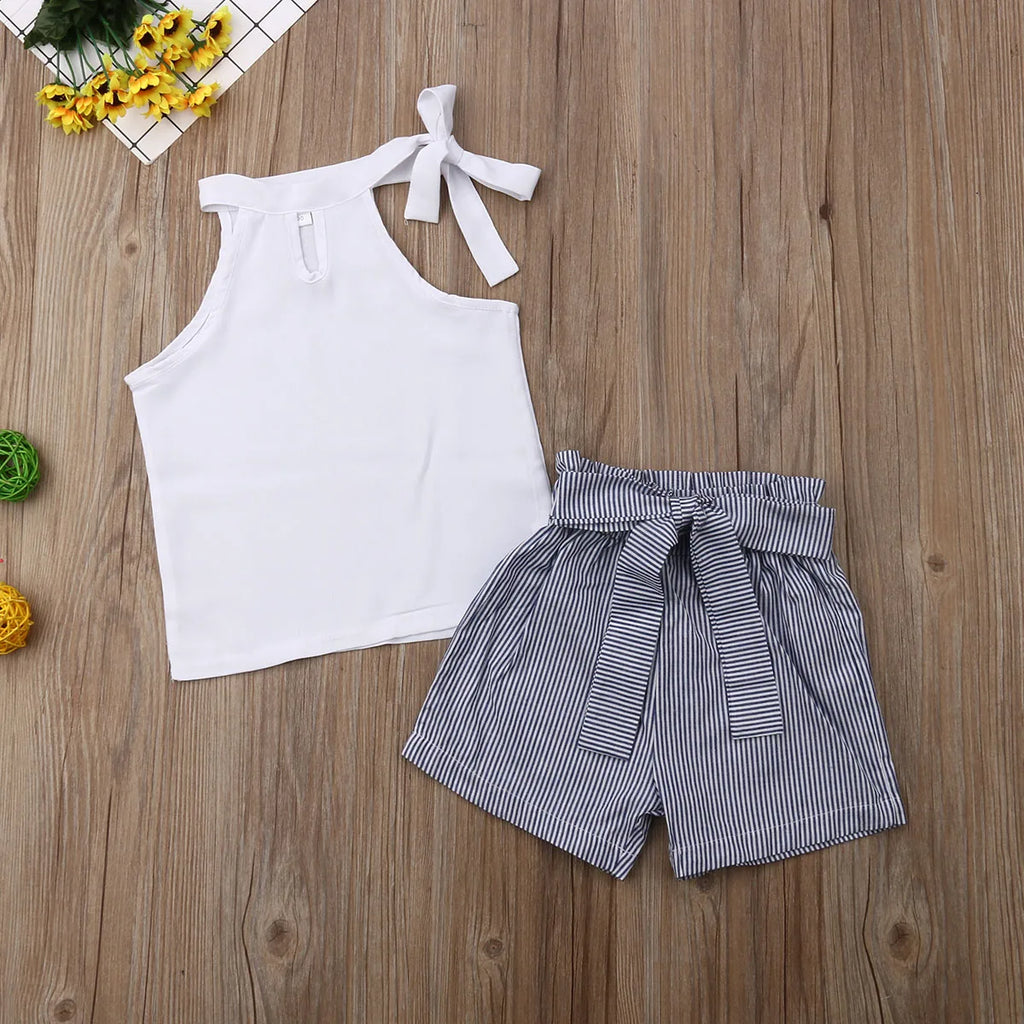 Pudcoco Summer Baby Girl Clothes Sets Sleeveless T-shirt + Striped Shorts Suits Children Girl Clothes 2-7Years