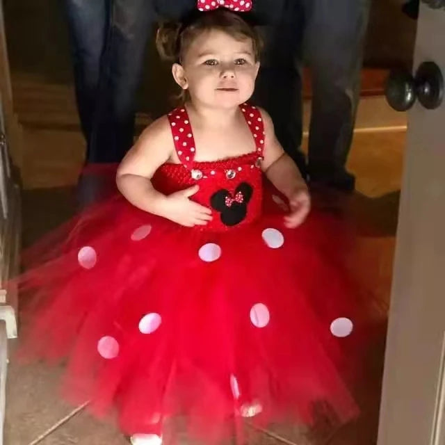 Girls Red Mickey Tutu Dress Kids Crochet Tulle Straps Dress Ball Gown with Hairbow Children Birthday Party Costume Cosplay Dress