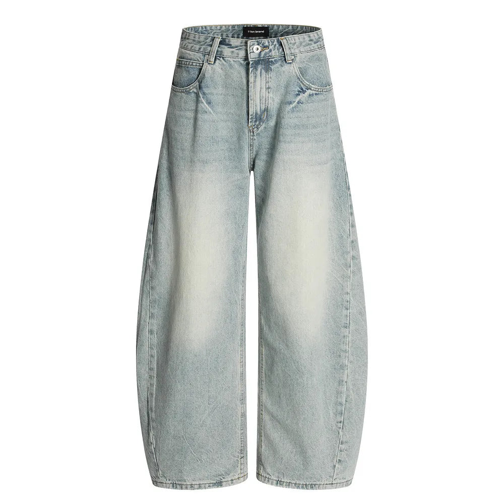 Curved Knife-cut Jeans For Men, Basic And Versatile Loose Wide-leg Trousers, Street Trend Punk Distressed Washed Dad Pants