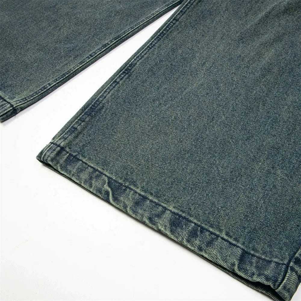 American High Street Punk Men's Straight Dragging Pants Loose Wide-Leg Denim Old Folds Design Mid Waist Medium Streetwear Style