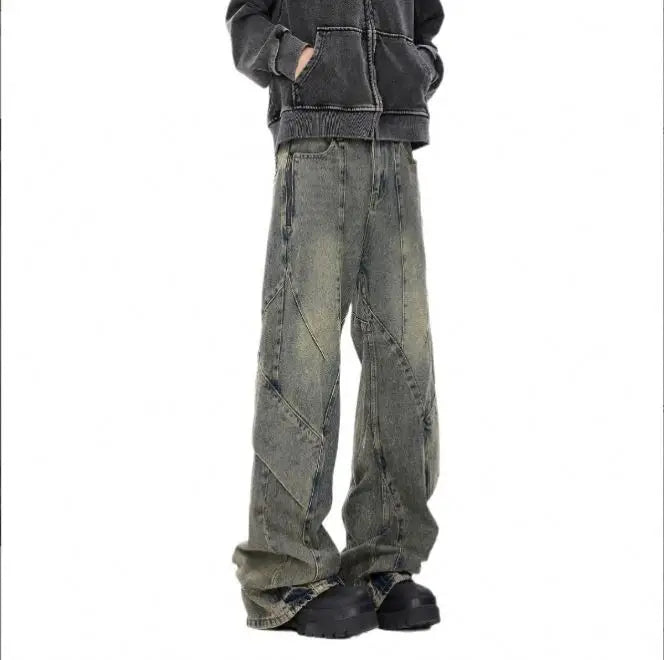 Yellow Niche High Street Male Straight Flares Waterproof Old Tooling Wide Leg Pants Crystal Decoration Mid Colored Spring Autumn