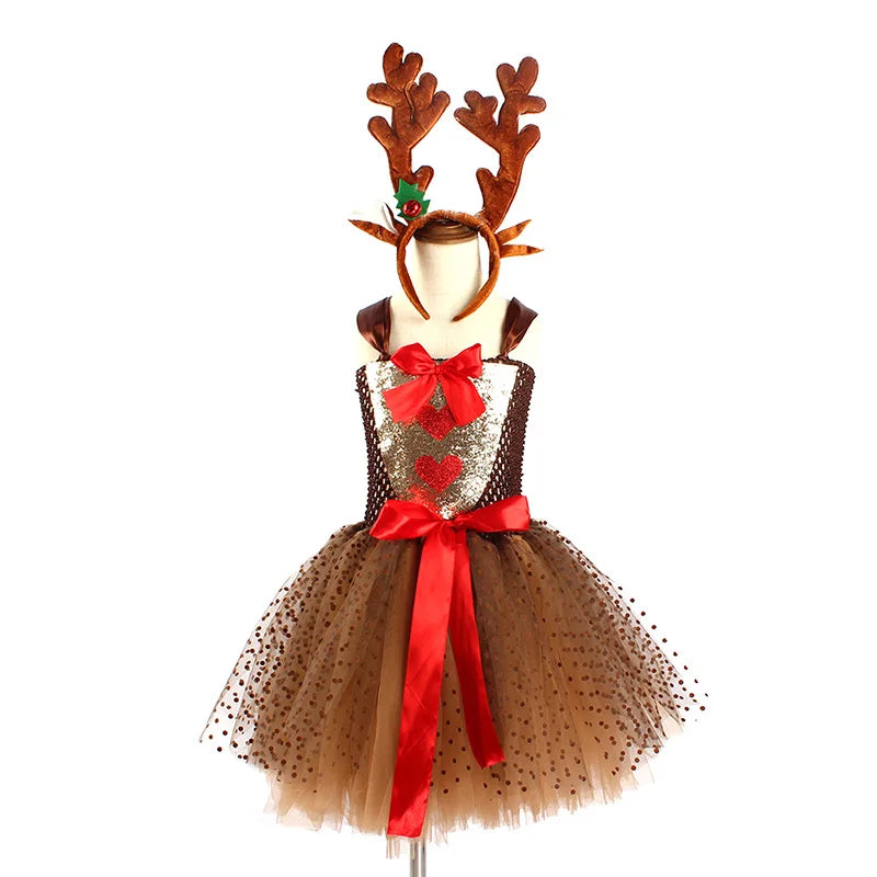 Girls Reindeer Christmas Costume XMAS Kids Rudolph the Red Nose Reindeer Fancy Tutu Dress with Headband Pageant Party Dress