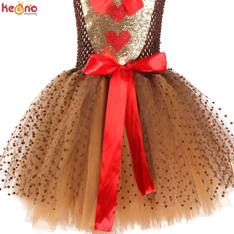 Girls Reindeer Christmas Costume XMAS Kids Rudolph the Red Nose Reindeer Fancy Tutu Dress with Headband Pageant Party Dress