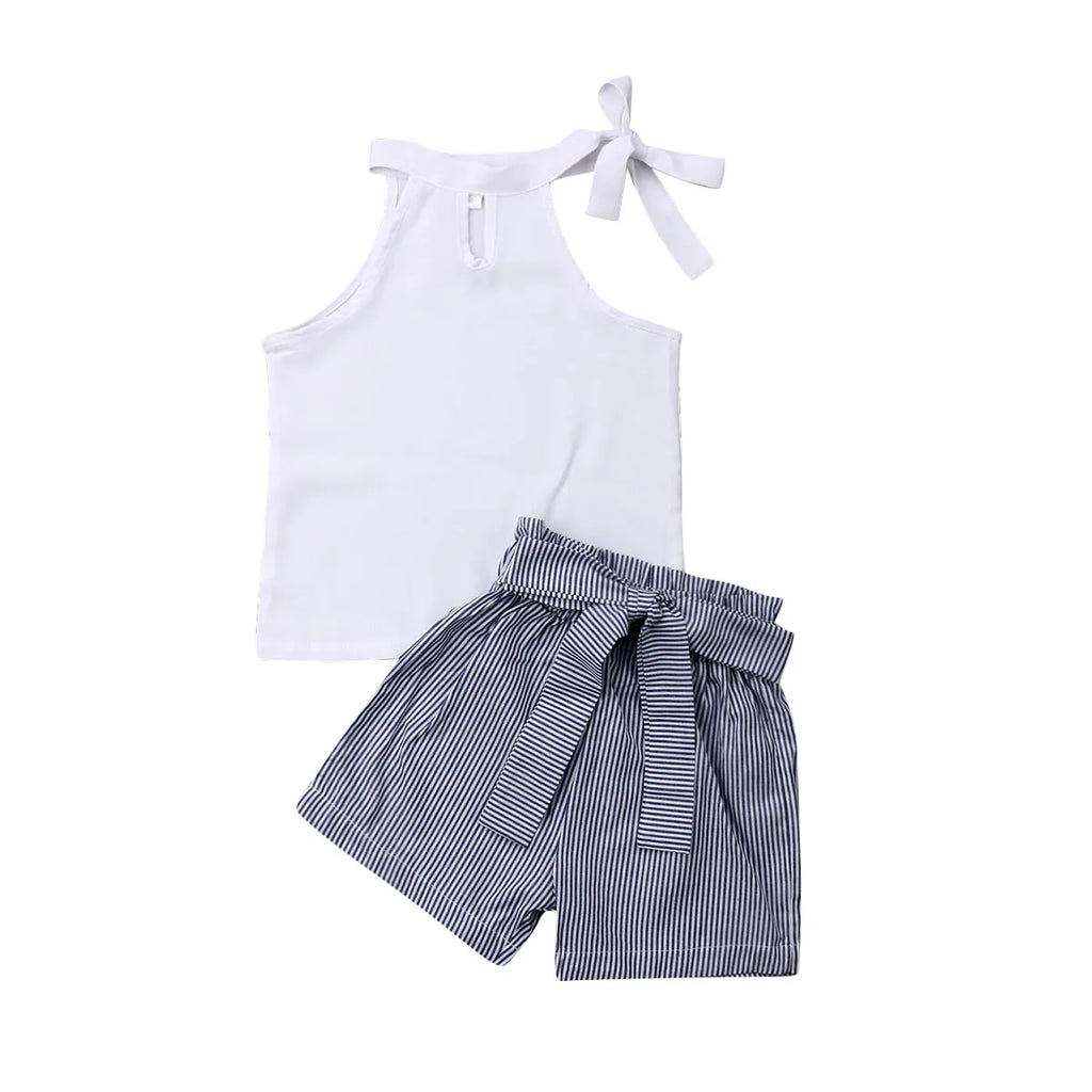Pudcoco Summer Baby Girl Clothes Sets Sleeveless T-shirt + Striped Shorts Suits Children Girl Clothes 2-7Years