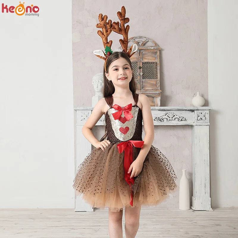 Girls Reindeer Christmas Costume XMAS Kids Rudolph the Red Nose Reindeer Fancy Tutu Dress with Headband Pageant Party Dress