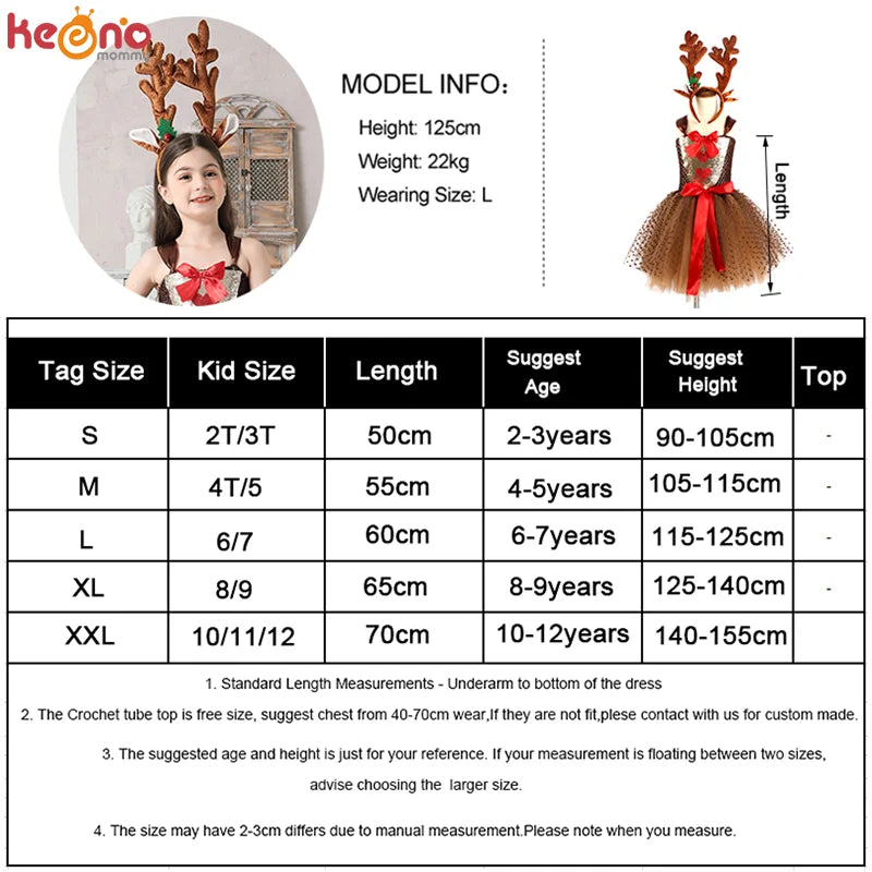 Girls Reindeer Christmas Costume XMAS Kids Rudolph the Red Nose Reindeer Fancy Tutu Dress with Headband Pageant Party Dress