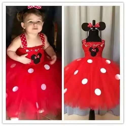 Girls Red Mickey Tutu Dress Kids Crochet Tulle Straps Dress Ball Gown with Hairbow Children Birthday Party Costume Cosplay Dress