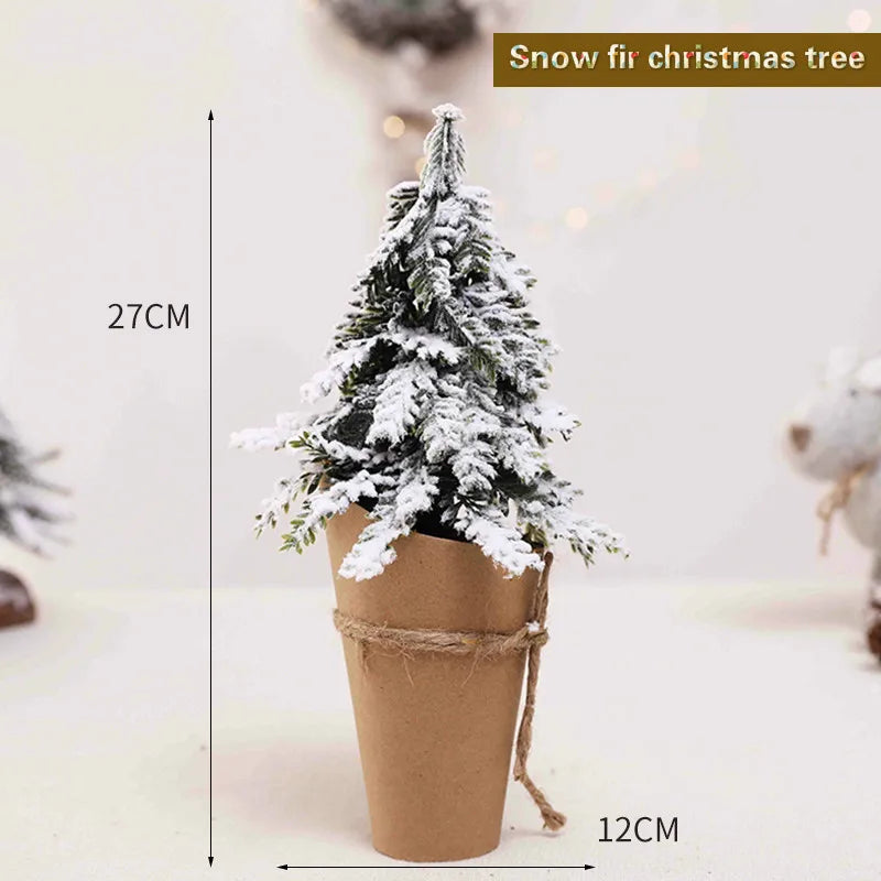 Christmas Tree Mini Pine Tree With Wood Base DIY Home Table Top Decor Christmas Artificial Frosted Sisal Small Trees Party Decor