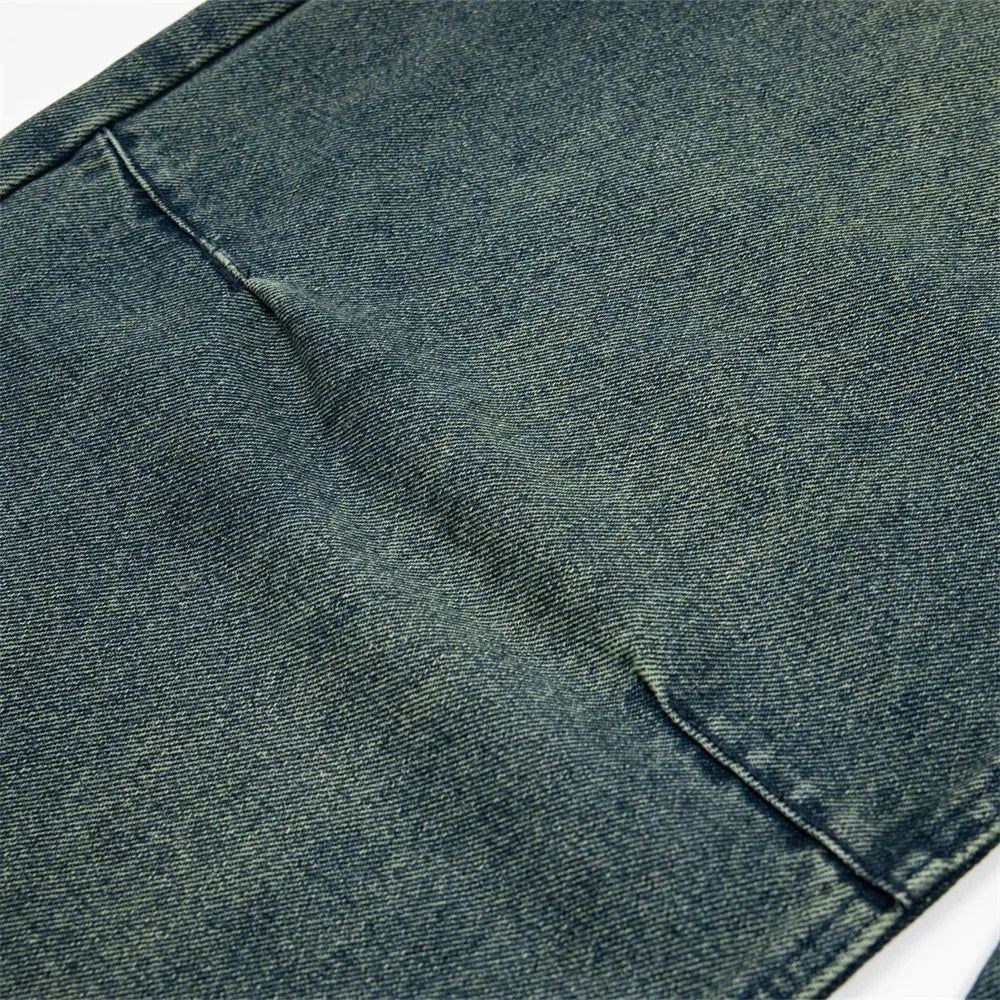 American High Street Punk Men's Straight Dragging Pants Loose Wide-Leg Denim Old Folds Design Mid Waist Medium Streetwear Style