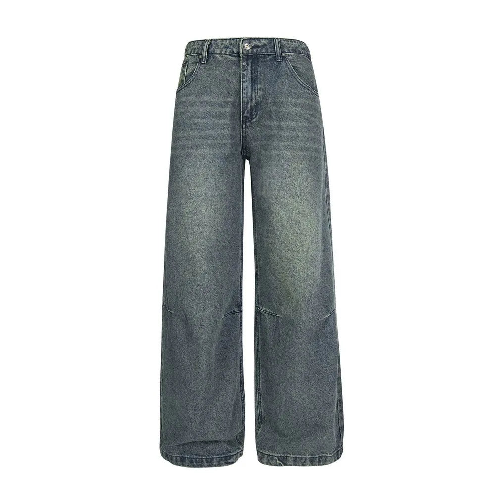 American High Street Punk Men's Straight Dragging Pants Loose Wide-Leg Denim Old Folds Design Mid Waist Medium Streetwear Style