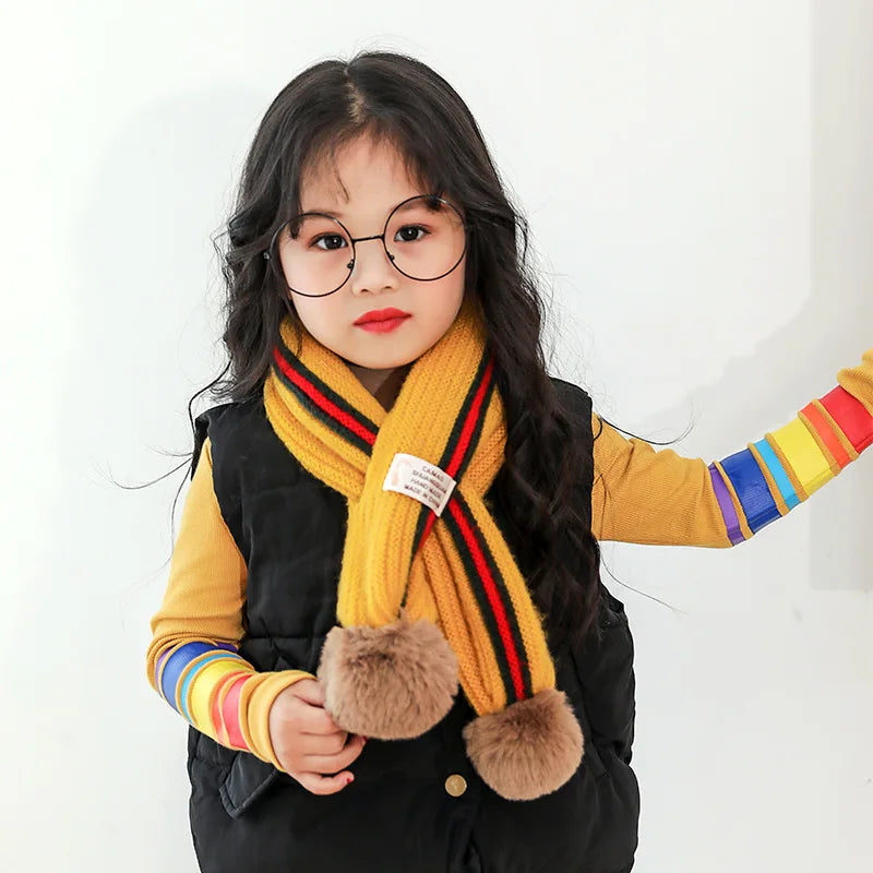 Children Scarf Knitted Winter Cashmere Soft Scarf Baby Boys Girls Lovely Fur Pom-pom Neckerchief Kids Girl Neck Warmers Scarf