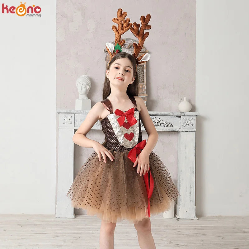 Girls Reindeer Christmas Costume XMAS Kids Rudolph the Red Nose Reindeer Fancy Tutu Dress with Headband Pageant Party Dress