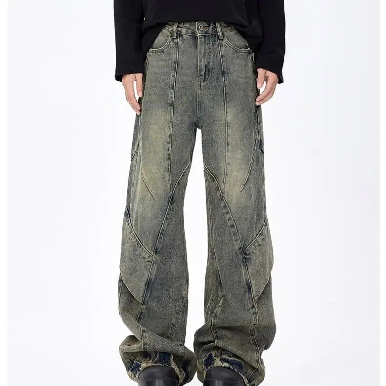 Yellow Niche High Street Male Straight Flares Waterproof Old Tooling Wide Leg Pants Crystal Decoration Mid Colored Spring Autumn