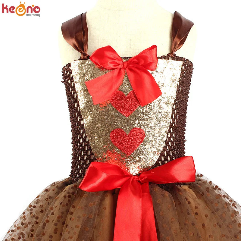 Girls Reindeer Christmas Costume XMAS Kids Rudolph the Red Nose Reindeer Fancy Tutu Dress with Headband Pageant Party Dress