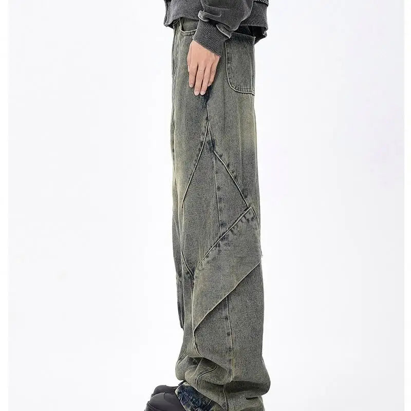 Yellow Niche High Street Male Straight Flares Waterproof Old Tooling Wide Leg Pants Crystal Decoration Mid Colored Spring Autumn