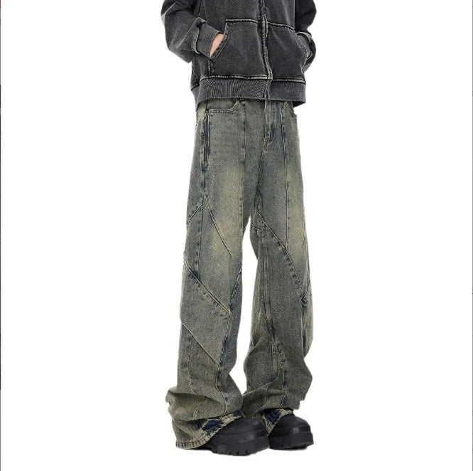 Yellow Niche High Street Male Straight Flares Waterproof Old Tooling Wide Leg Pants Crystal Decoration Mid Colored Spring Autumn