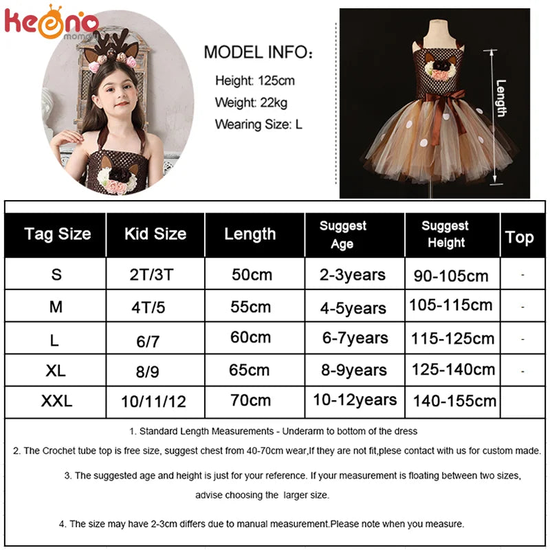 Deer Costume Girls Halloween Christmas Fancy Dress Flower Reindeer Bambi Kids Tutu Dress with Headband Children New Year Clothes