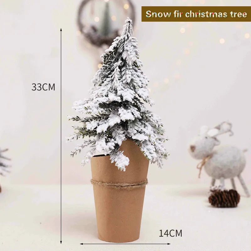 Christmas Tree Mini Pine Tree With Wood Base DIY Home Table Top Decor Christmas Artificial Frosted Sisal Small Trees Party Decor