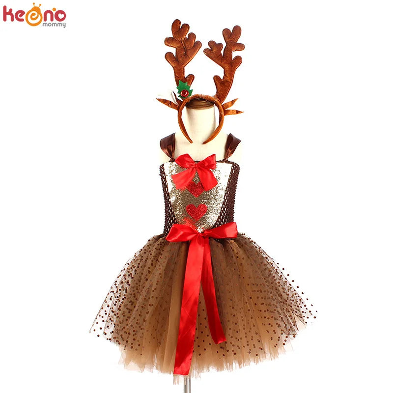 Girls Reindeer Christmas Costume XMAS Kids Rudolph the Red Nose Reindeer Fancy Tutu Dress with Headband Pageant Party Dress