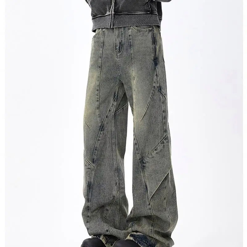 Yellow Niche High Street Male Straight Flares Waterproof Old Tooling Wide Leg Pants Crystal Decoration Mid Colored Spring Autumn