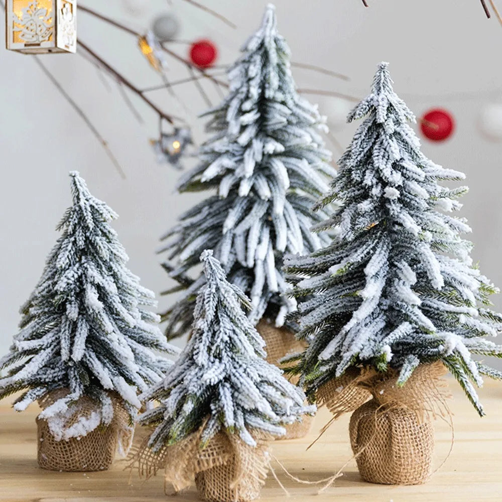 Christmas Tree Mini Pine Tree With Wood Base DIY Home Table Top Decor Christmas Artificial Frosted Sisal Small Trees Party Decor