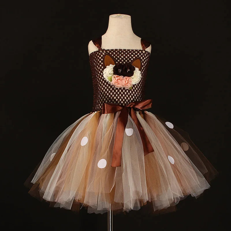 Deer Costume Girls Halloween Christmas Fancy Dress Flower Reindeer Bambi Kids Tutu Dress with Headband Children New Year Clothes