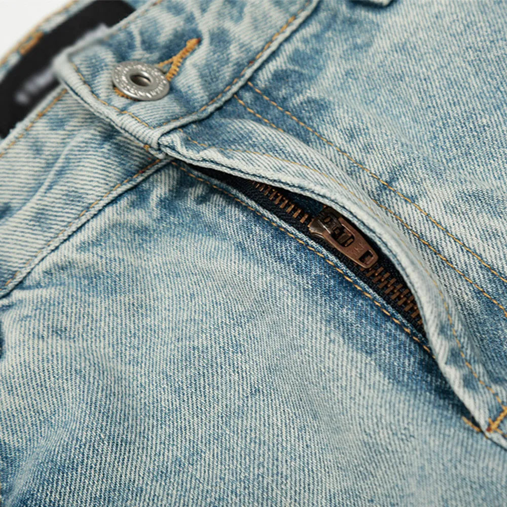 Curved Knife-cut Jeans For Men, Basic And Versatile Loose Wide-leg Trousers, Street Trend Punk Distressed Washed Dad Pants