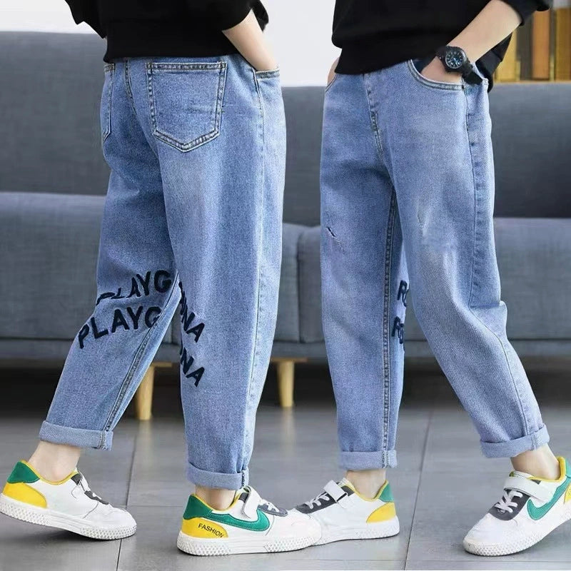 Boys' Jeans 2024 Spring and Autumn Style Single Pants Trendy Autumn Toddler Pants Boys and Girls Baby Children's Clothing Children's Long Pants