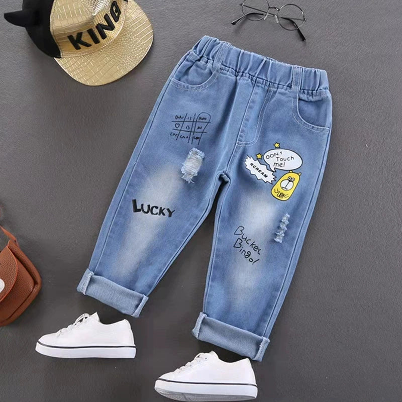 Boys' Jeans 2024 Spring and Autumn Style Single Pants Trendy Autumn Toddler Pants Boys and Girls Baby Children's Clothing Children's Long Pants