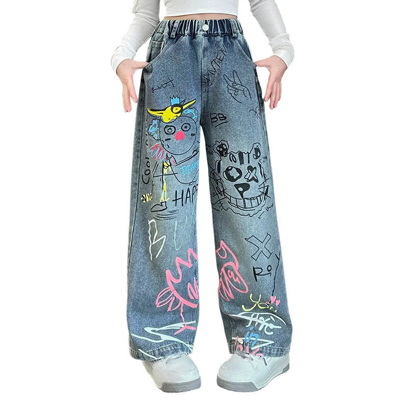 Autumn Teenage Girls Cartoon Graffiti Jeans Junior Kids Casual Wide Leg Trousers Tween Girls Clothing Child Clothes 10 to 12 14Y