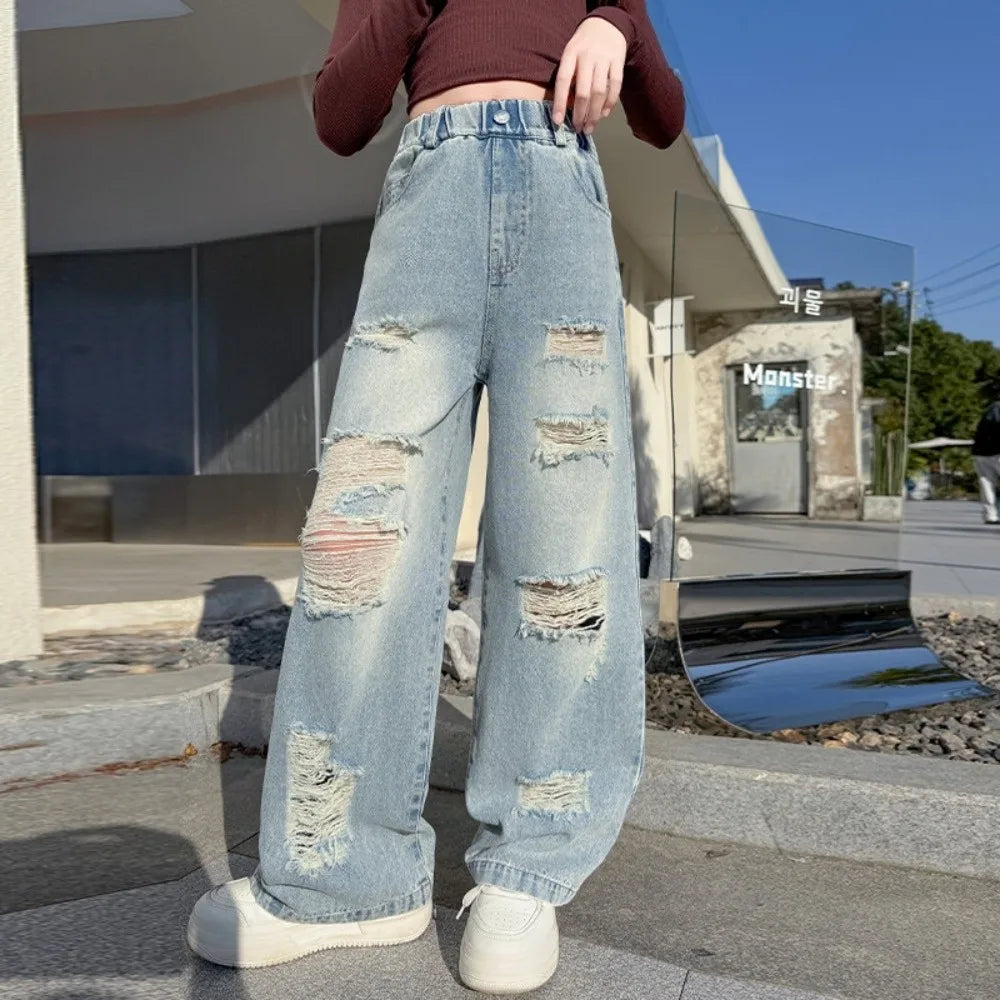 Ripped Wide Children Jeans Straight Loose Leg Blue Teen Girl Jeans High Waist Streetwear Girls Denim Trousers Girls Gift