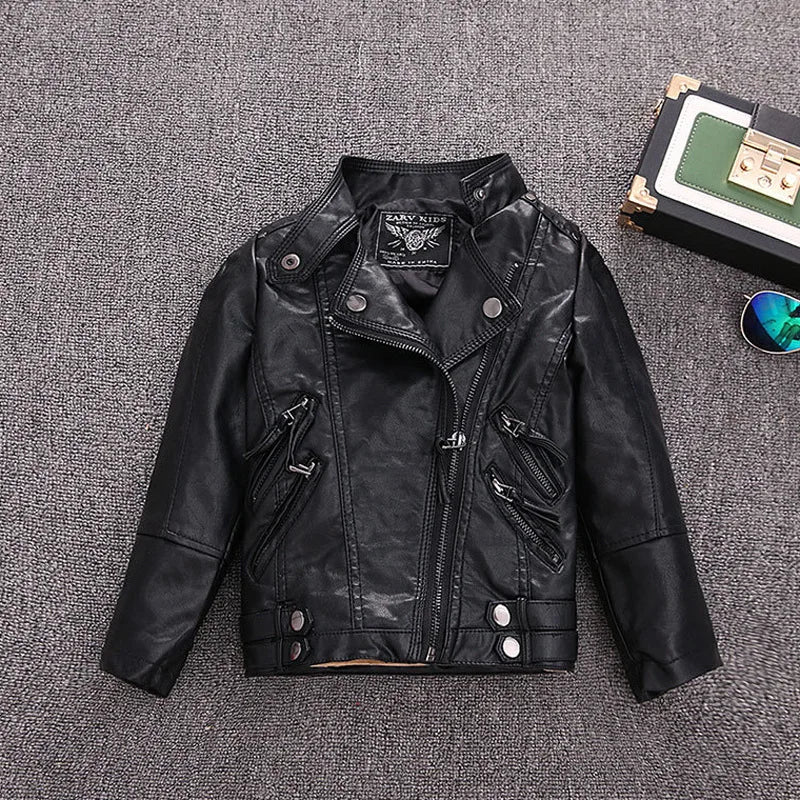 2-14 Years Old Girls Faux Leather Jacket Children PU Coat Long Sleeve Zip Belt Locomotive Jacket Stylish Teen Kids Boys Jackets