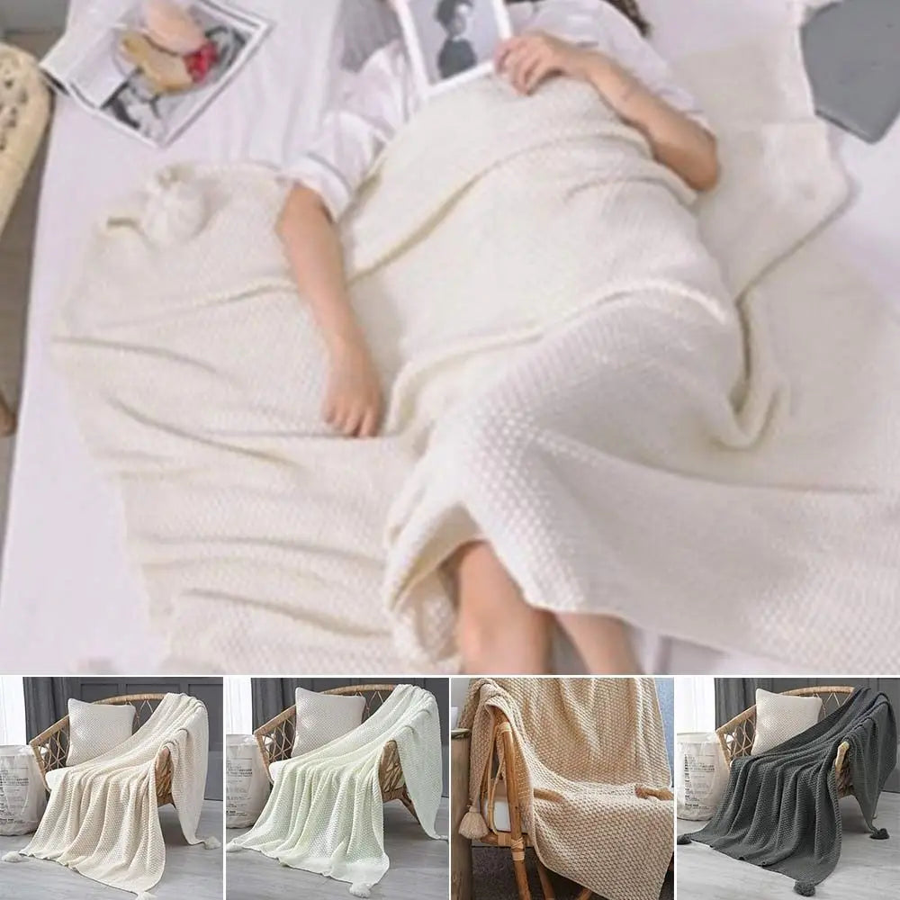 Warm Solid Color Knitted Blanket Soft Breathable Fringe Blanket Nordic Bedspread