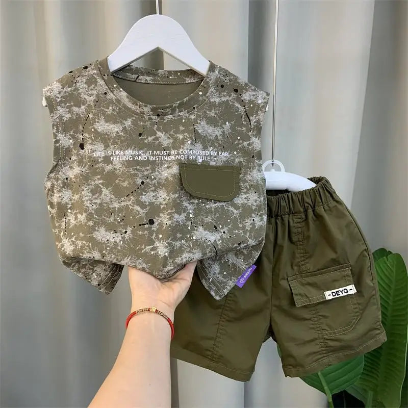 Summer Teenage Boy Clothes Kids Letter Print Sleeveless Top & Shorts 2pcs Suit New Fashion Baby Boys Clothing Children Tracksuit