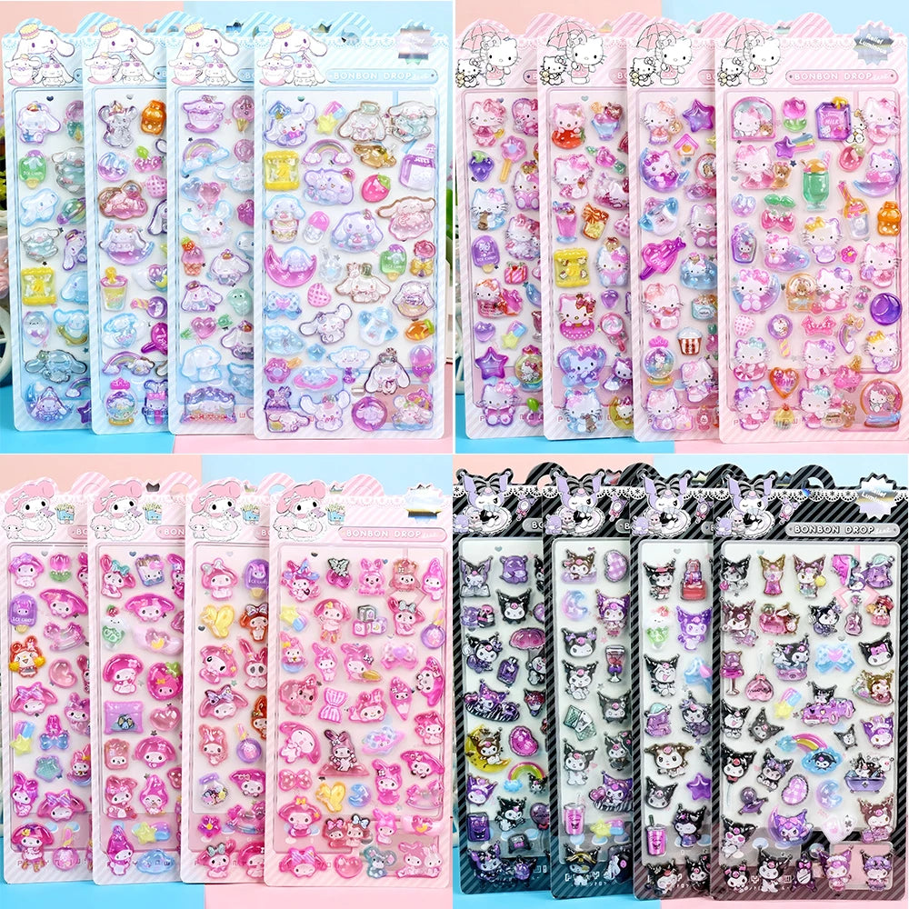 Kawaii 3D Sanrio Relief Stickers Cinnamoroll Kuromi My Melody Cartoon Crystal Sticker Cute Children Reward Stickers Gift