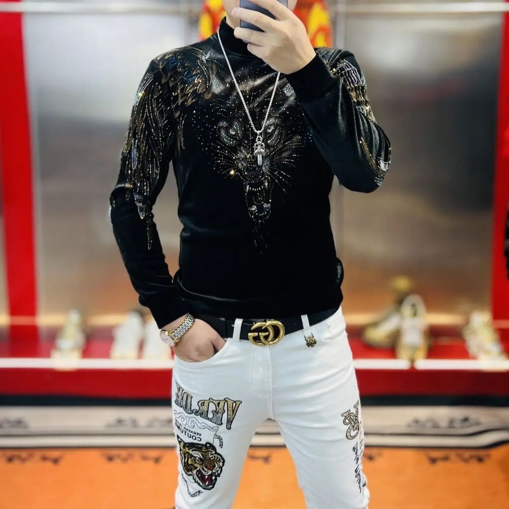 2025 Autumn Winter New Style Plus Velvet Diamond Jacquard Fashion European Sweatshirt Versatile Trendy Handsome Light Luxury Top