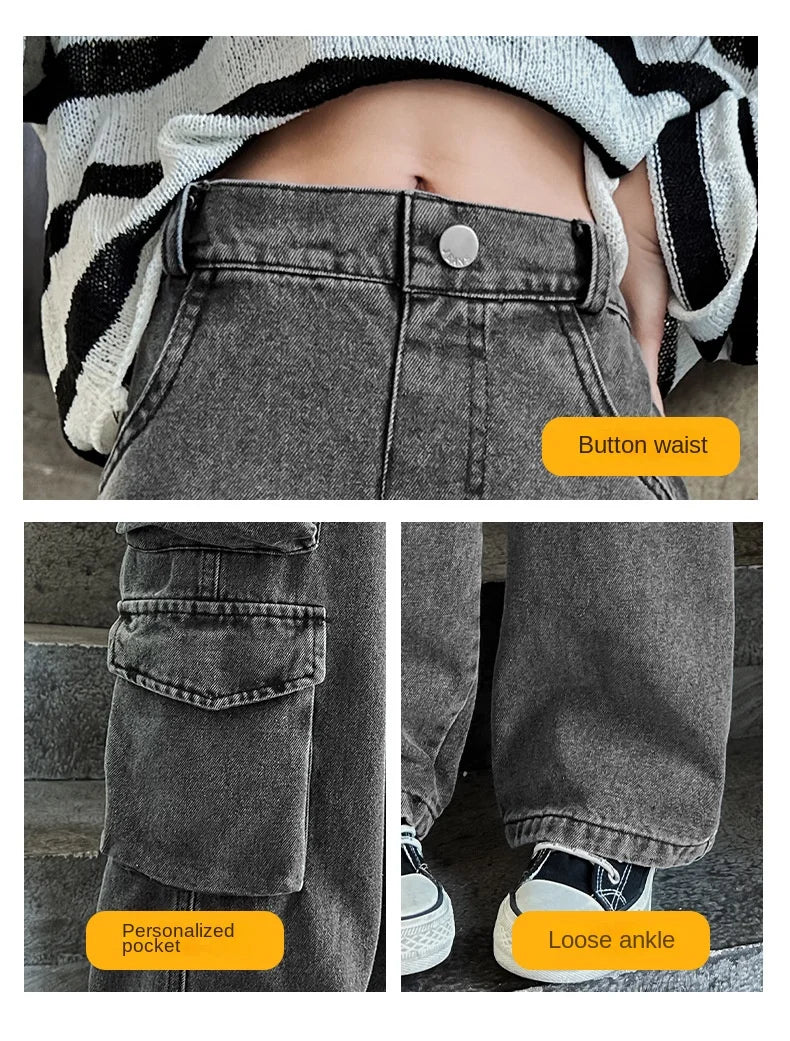 Kids Cargo Jeans For Girls 2024 Spring Korean Fashion Children Multi-Pocket Loose Straight Denim Trousers Teenage Baggy Pants 16