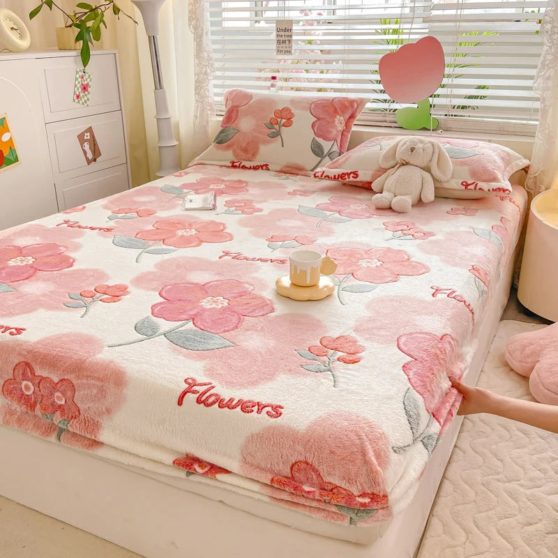 Bedspreads Milk Velvet Fitted Sheet Thick Flannel Warm Headboards All-Around Elastic Double Bed Sheets Bed Cover Mattress Cover