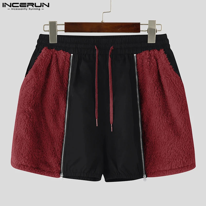 INCERUN Men Shorts Fleece Plush Patchwork Drawstring Zipper Casual Men Bottoms Joggers Streetwear 2025 Fashion Male Shorts S-5XL