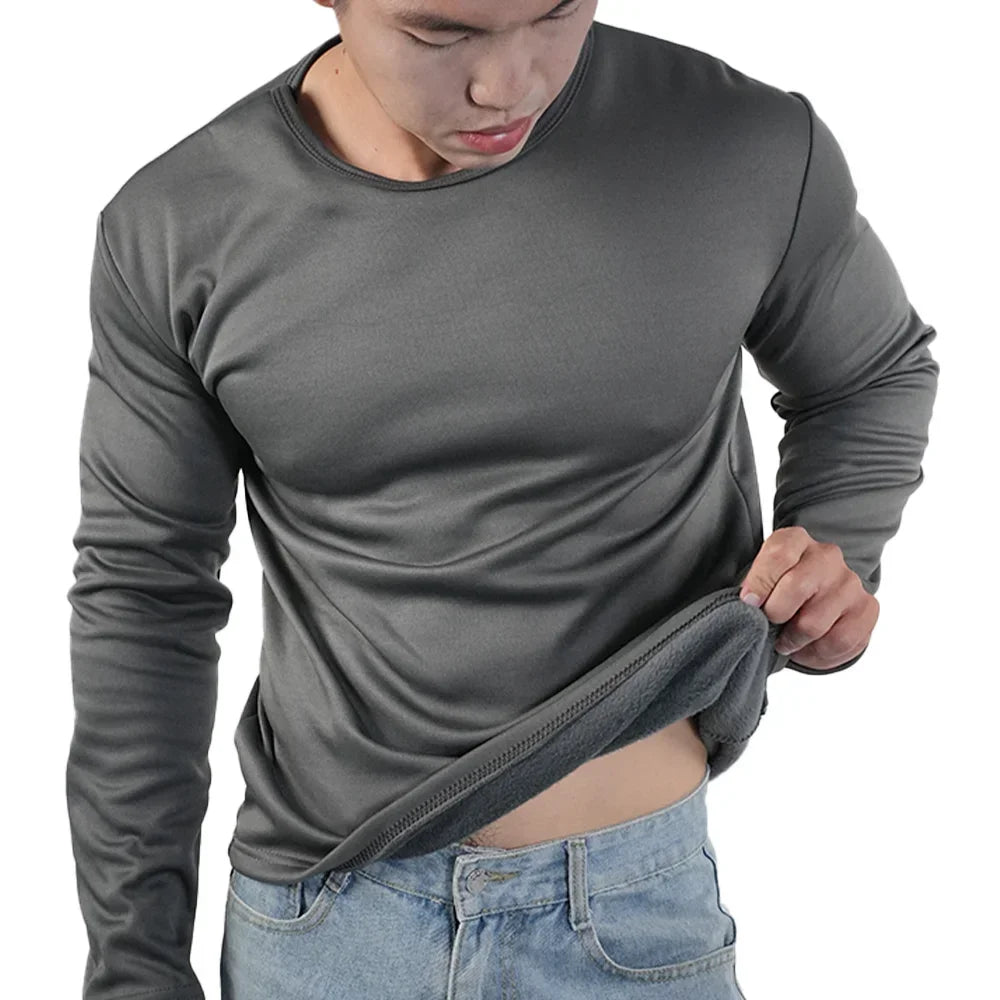 Men Thermal Underwear Tops Winter Long Sleeve T-shirt Bottoming Shirt Thick Fleece Pullover Warm Clothes Oversize O-Neck Tee