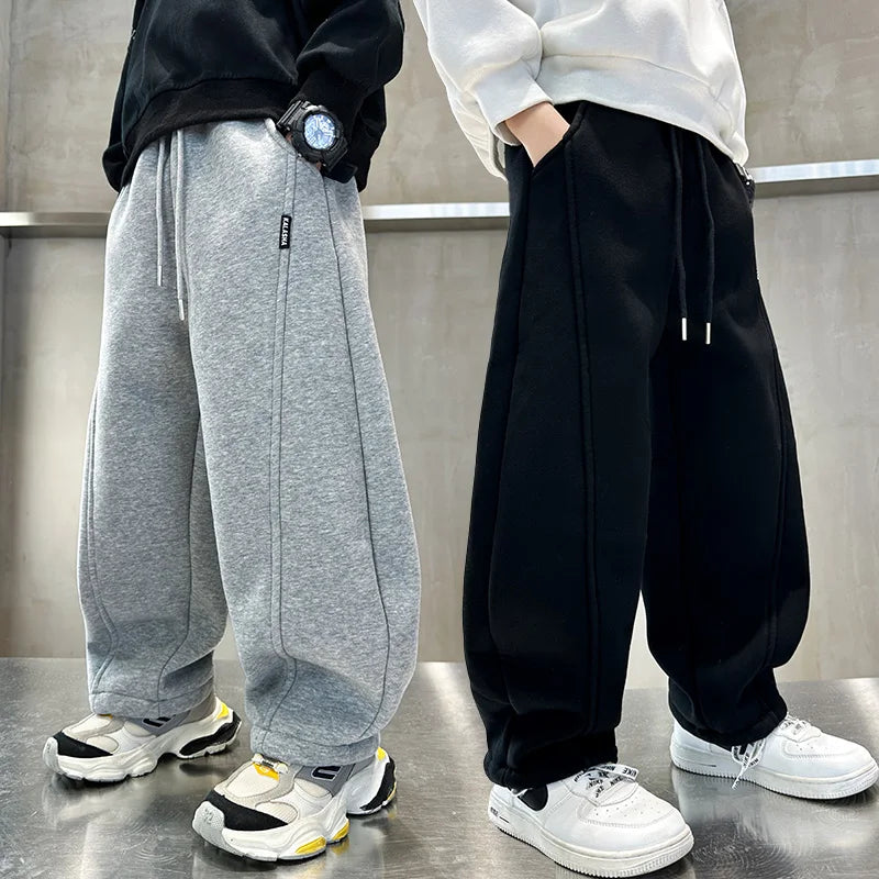 Minimalism Style Kids Cotton Knitted Sports Pants for Boys Casual Wide Leg Trousers Trackpants Children Black Grey Sweatpants