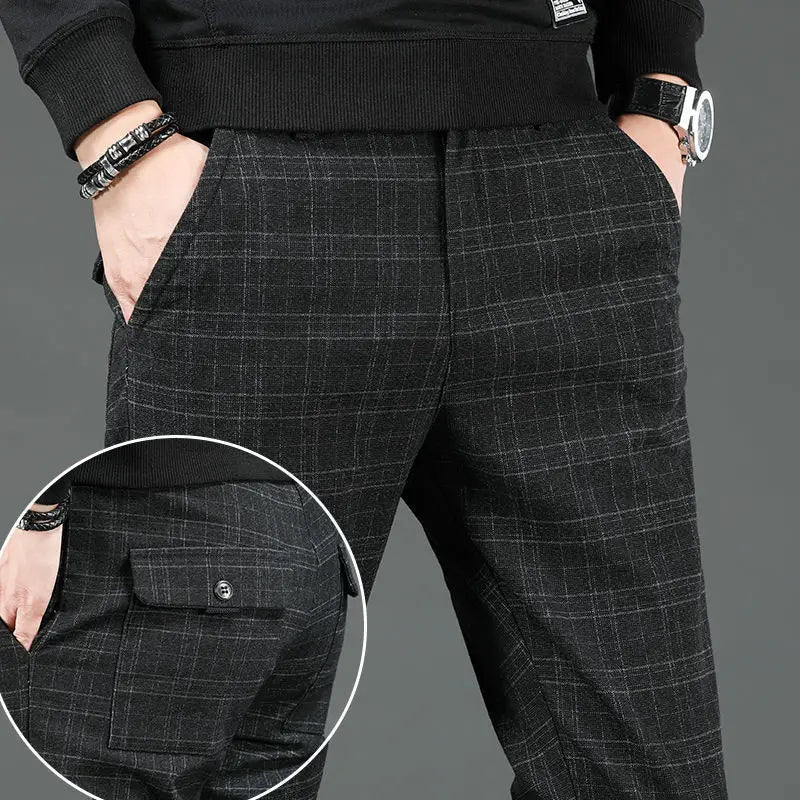 Men's Clothing Korean Fashion Vintage Plaid Business Casual Suit Pants Autumn Formal Slim Straight Trousers Pantalones Hombre