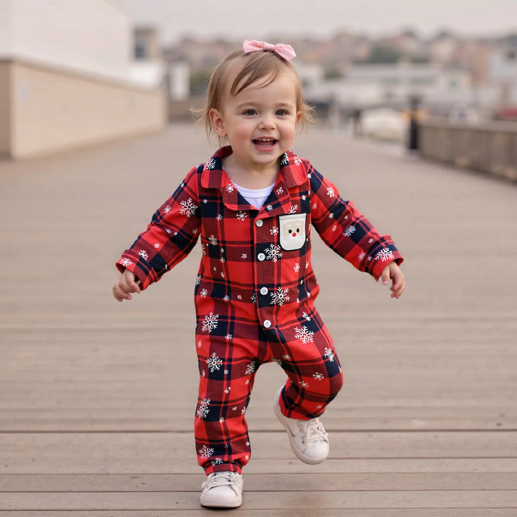 0-18M Newborn Baby Christmas Pajamas Plaid Snowflake Print Button Down Lapel V Neck Long Sleeve Romper
