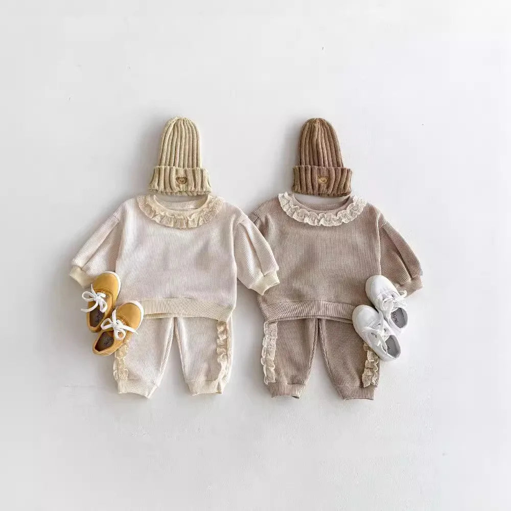 2025 Autumn Spring New in Sweet Lace Trimmed Stylish Sweatshirt + Pants Korean Kids Baby Girls' Casual Loose 2-Piece Set