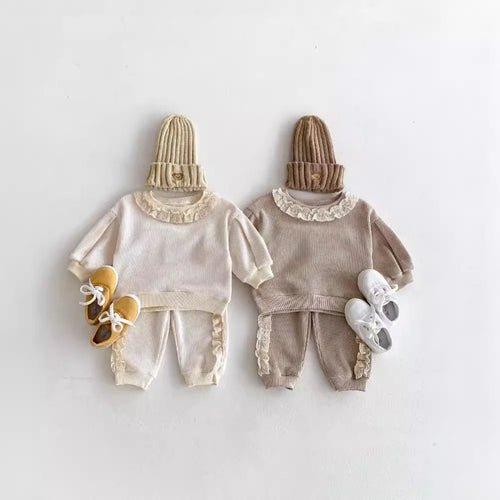 2025 Autumn Spring New in Sweet Lace Trimmed Stylish Sweatshirt + Pants Korean Kids Baby Girls' Casual Loose 2-Piece Set
