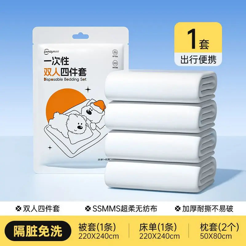Double Thickened Enlarged Disposable Bed Sheet Set with Pillow Covers 4-Piece Hygienic Bedding for Travel Hospitals and Home Use