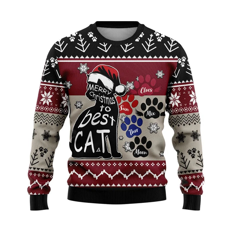 Cat Ugly Christmas Sweater Pet Mens Sweater Xmas Autumn Holiday Crewneck Sweatshirt Kawaii Cats Graphic Sweatshirts Unisex Tops