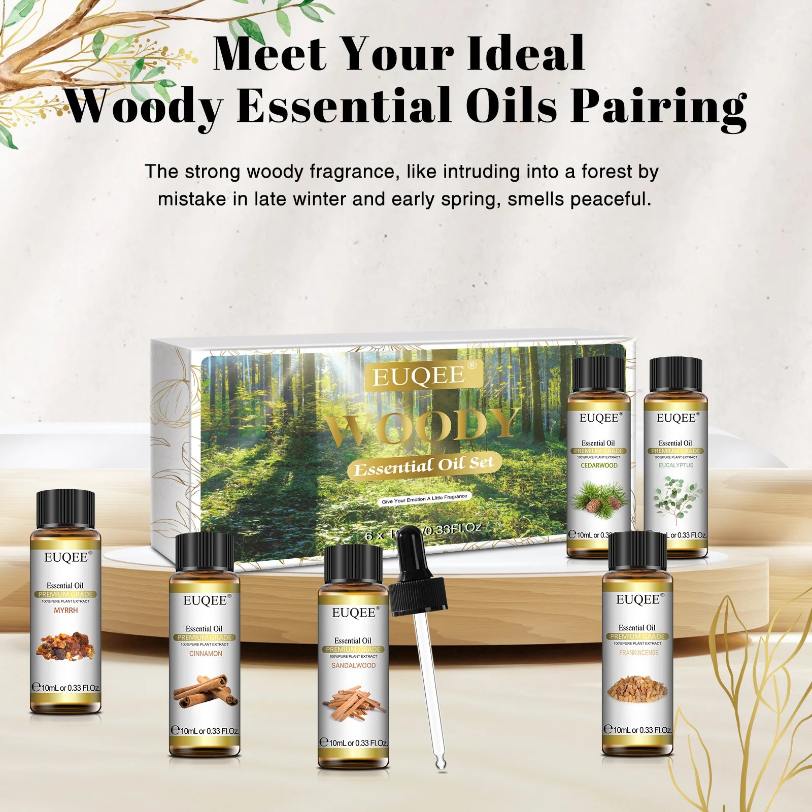 EUQEE 10ml*6pcs Woody Essential Oil Set (Eucalyptus Cedarwood Sandalwood Frankincense Cinnamon Myrrh)-Natural Aromatherapy Oils