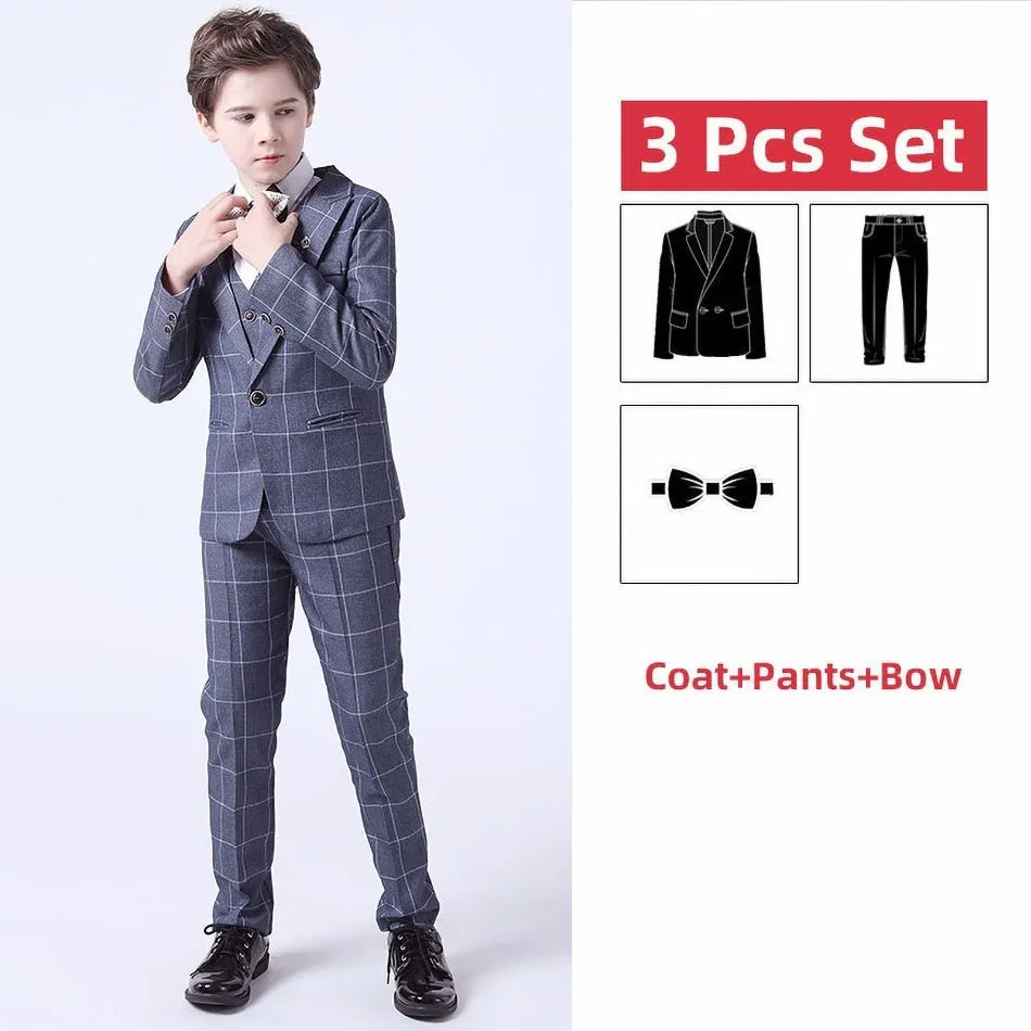 Teenager Costume Boy Young Blazer Children Elegant Party Suit Baby Blue Gray Red Plaid Birthday Tuxedo Gentlemen Pageant Outfits